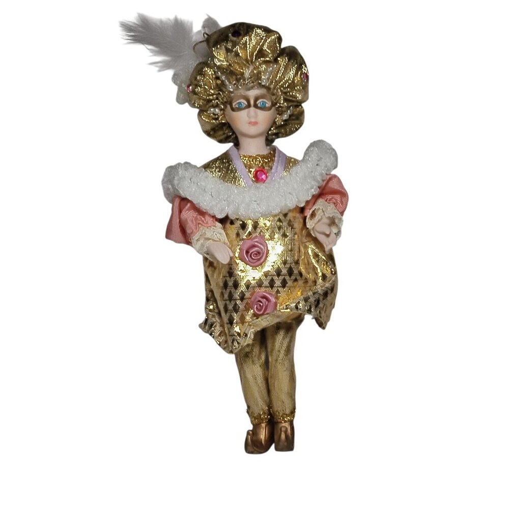 VTG Christmas Ornament Harlequin Masquerade Clown Doll in Gold Lame Costume 8"